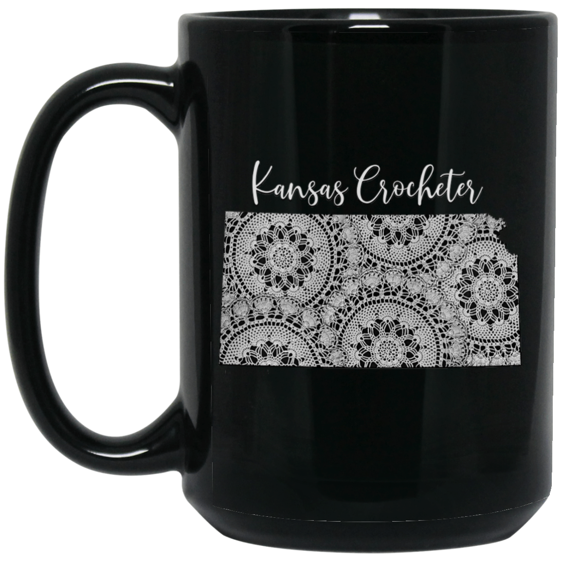 Kansas Crocheter Black Mugs