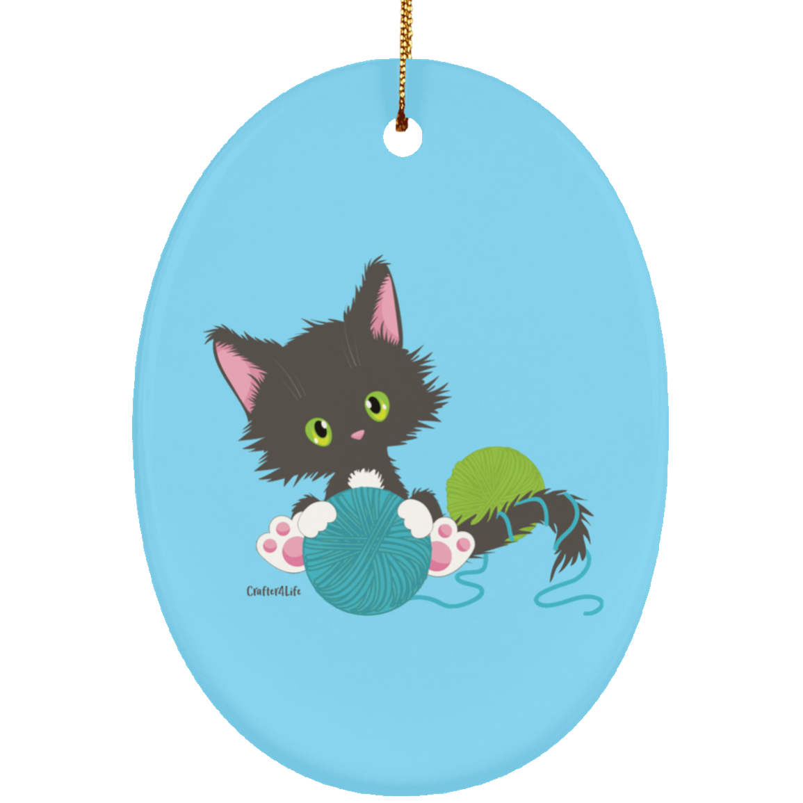 Grey Tuxedo Kitty Holding Ball of Yarn Ornaments