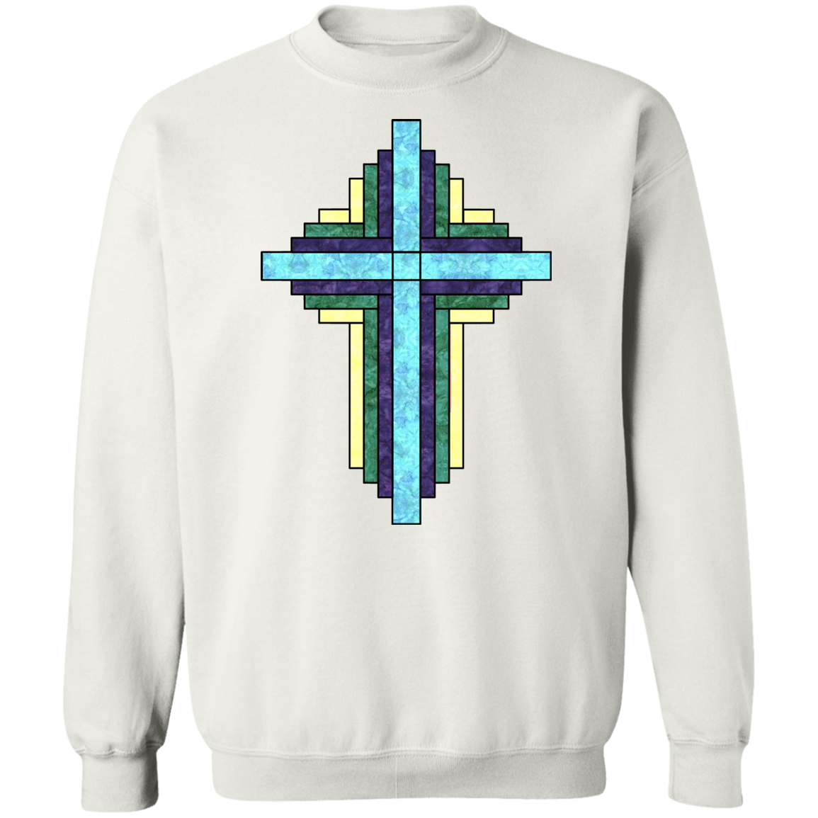 Batik Stained Glass Quilt Cross Crewneck Pullover Sweatshirt