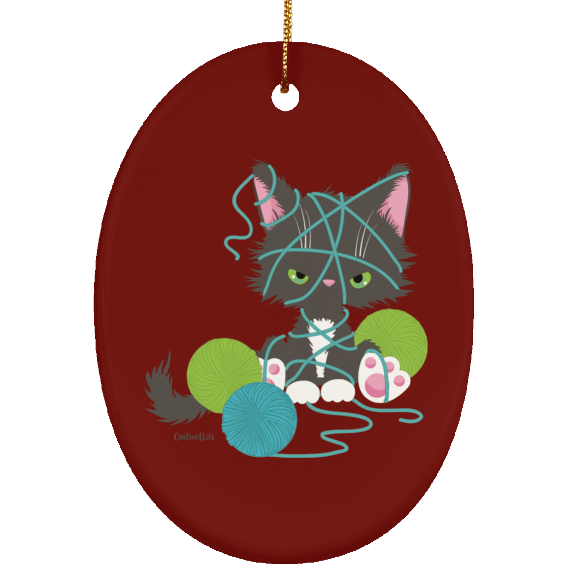 Grey Tuxedo Kitty with Yarn Ornaments