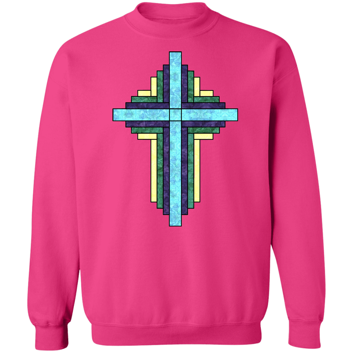 Batik Stained Glass Quilt Cross Crewneck Pullover Sweatshirt