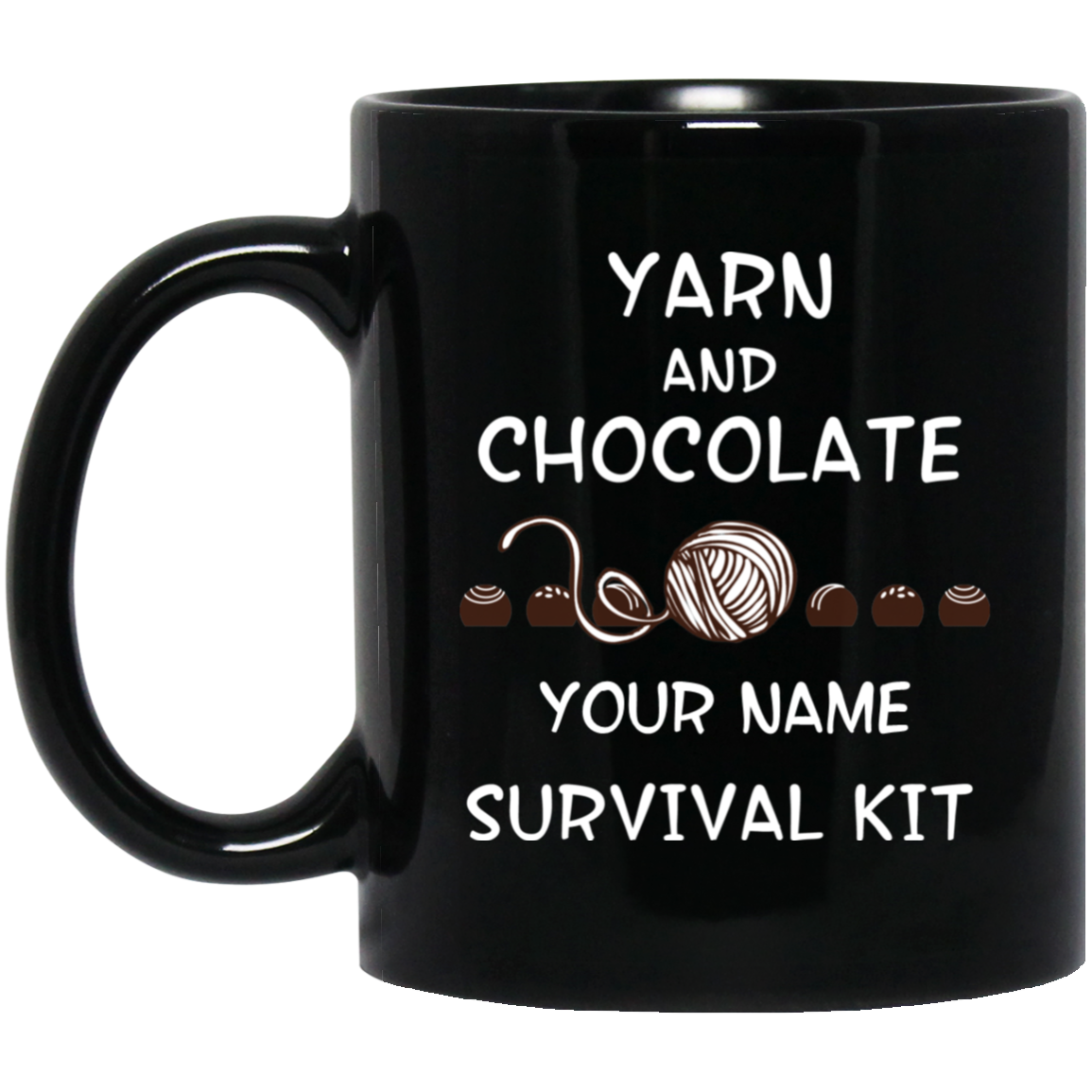 Yarn and Chocolate Survival Kit - Personalized Black Mugs