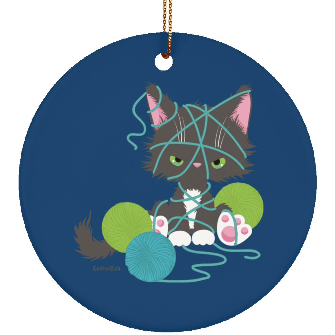 Grey Tuxedo Kitty with Yarn Ornaments