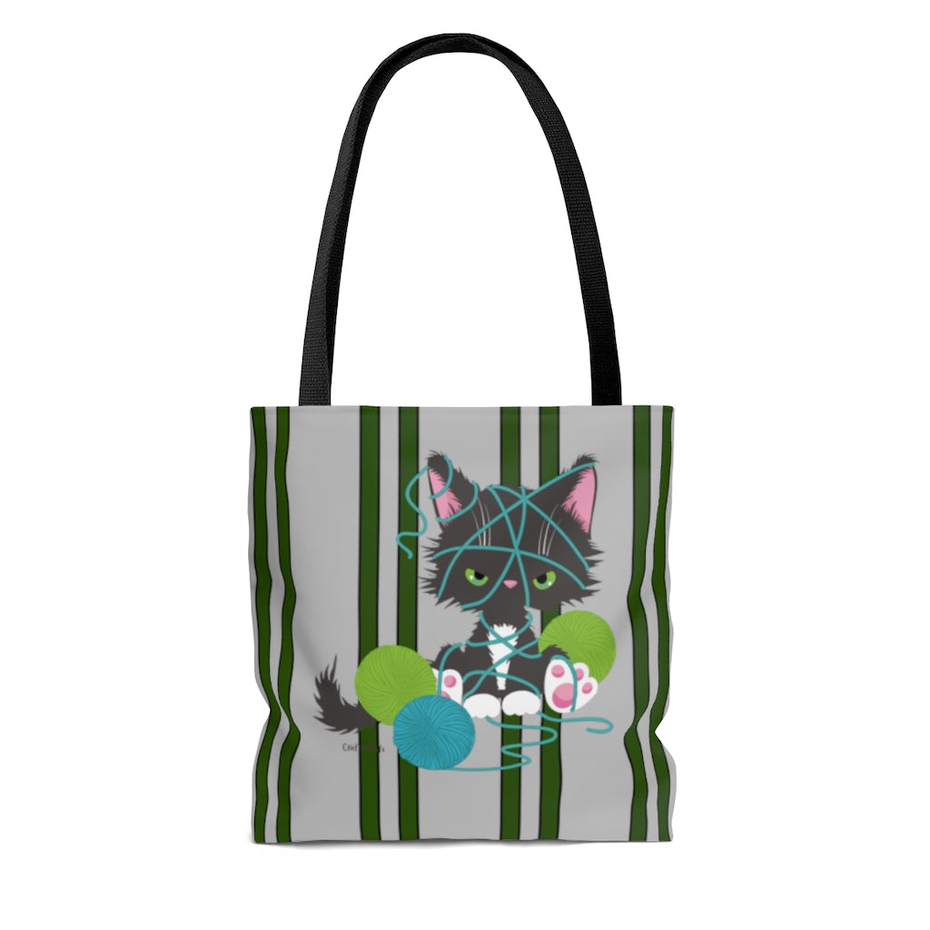 Grey Tuxedo Kitty with Yarn Cloth Tote Bag