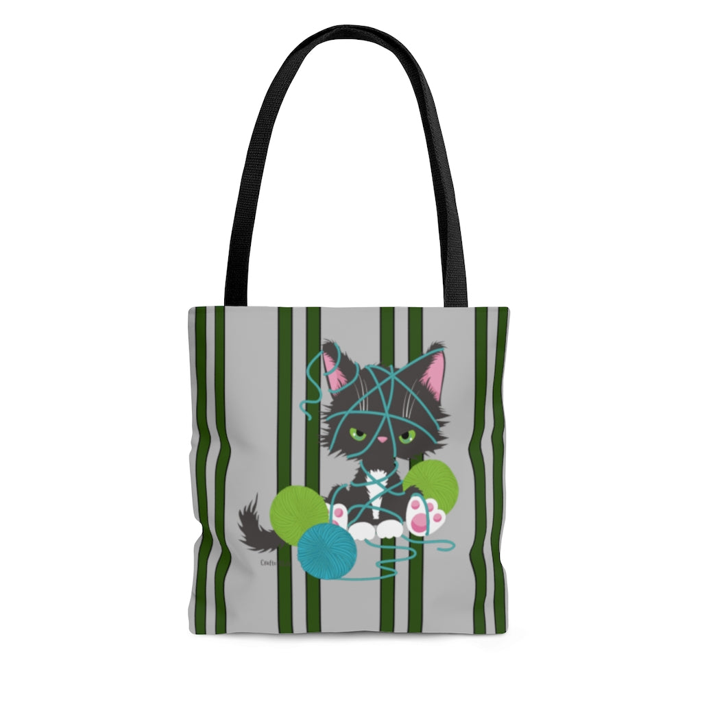 Grey Tuxedo Kitty with Yarn Cloth Tote Bag