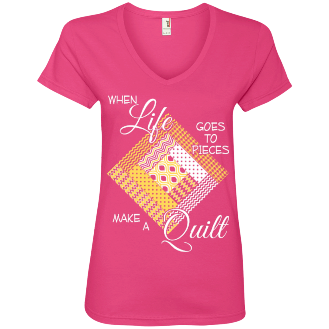 Make a Quilt (yellow) Ladies V-Neck Tee - Crafter4Life - 3