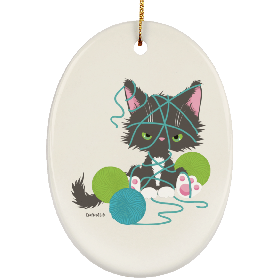 Grey Tuxedo Kitty with Yarn Ornaments