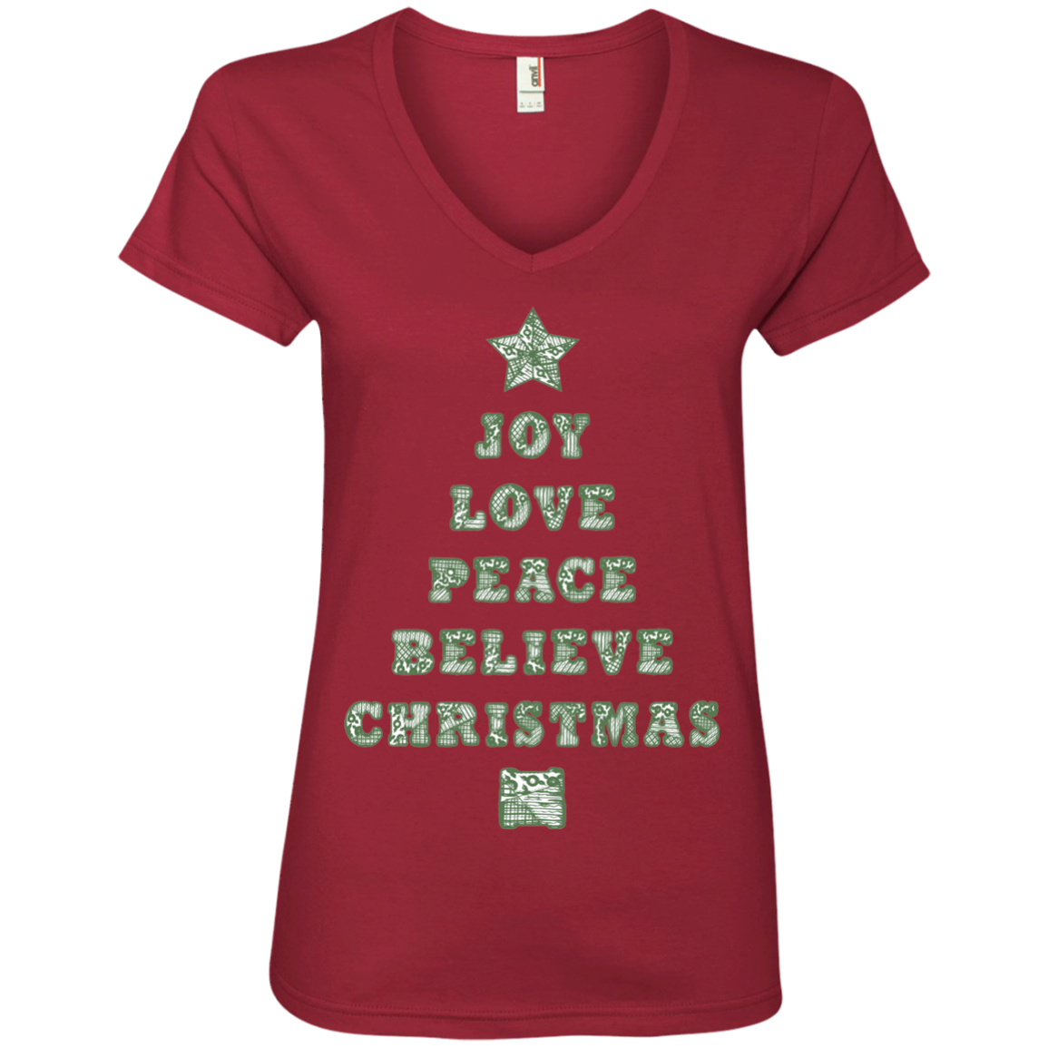 JOY Christmas Quilt Ladies V-Neck T-Shirt