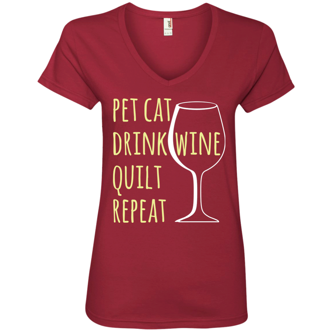 Pet Cat-Drink Wine-Quilt Ladies V-Neck T-Shirt