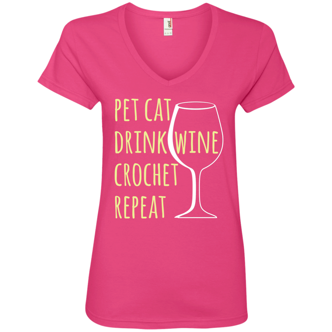 Pet Cat-Drink Wine-Crochet Ladies V-Neck T-Shirt