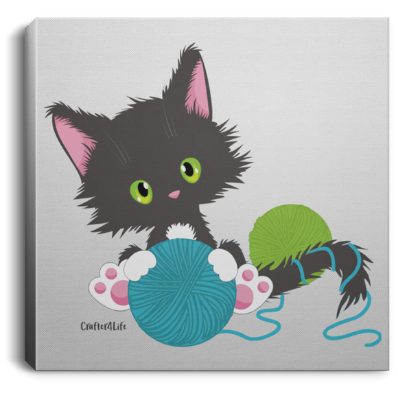 Grey Tuxedo Kitty Holding Ball of Yarn CANSQ75 Square Canvas .75in Frame