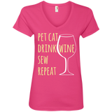 Pet Cat-Drink Wine-Sew Ladies V-Neck T-Shirt