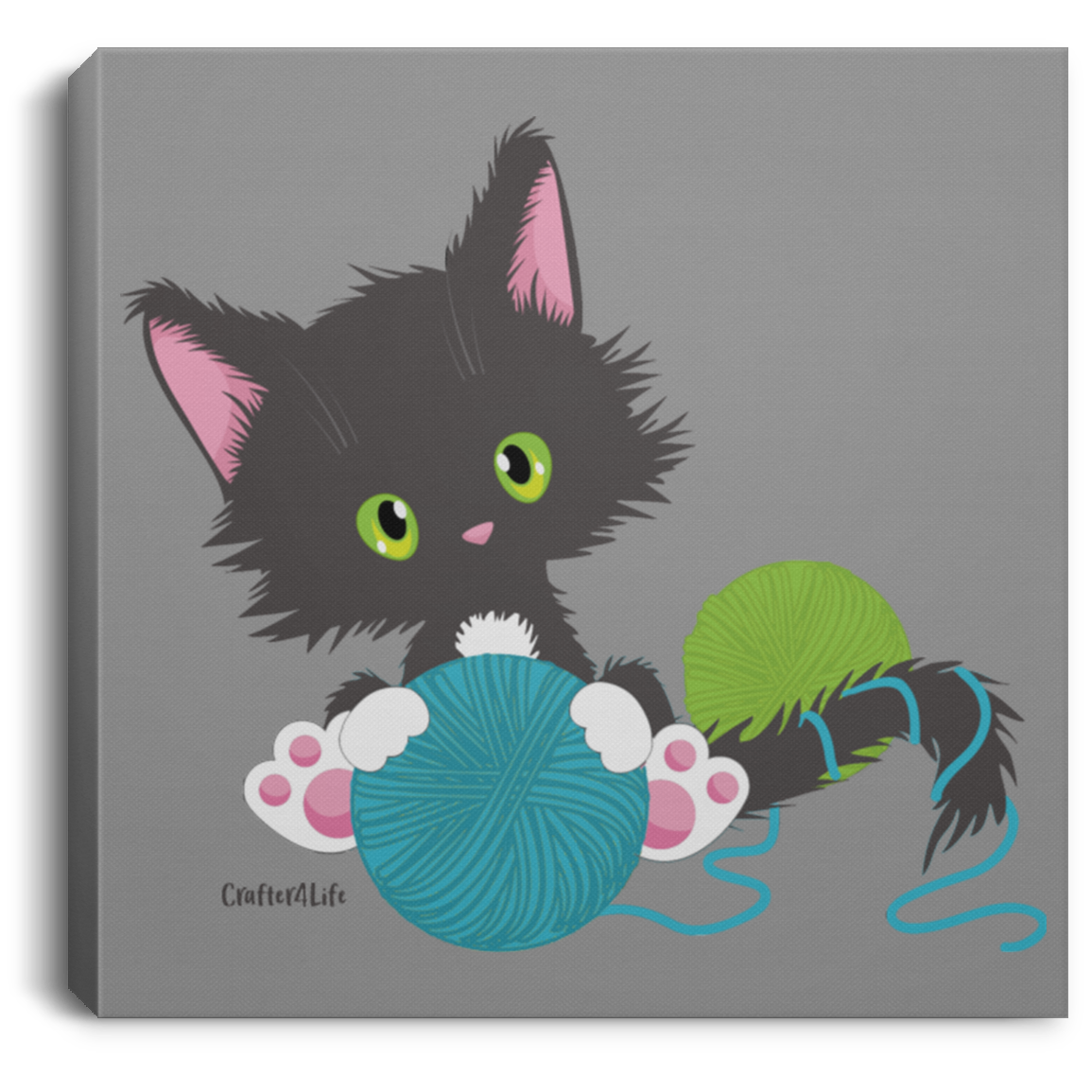 Grey Tuxedo Kitty Holding Ball of Yarn CANSQ75 Square Canvas .75in Frame