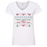 Cross Stitch Christmas Sampler Ladies V-Neck T-Shirt