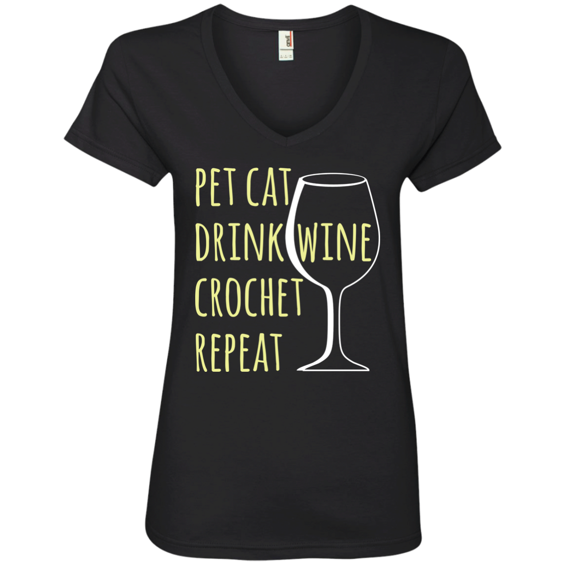 Pet Cat-Drink Wine-Crochet Ladies V-Neck T-Shirt