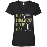 Pet Cat-Drink Wine-Crochet Ladies V-Neck T-Shirt