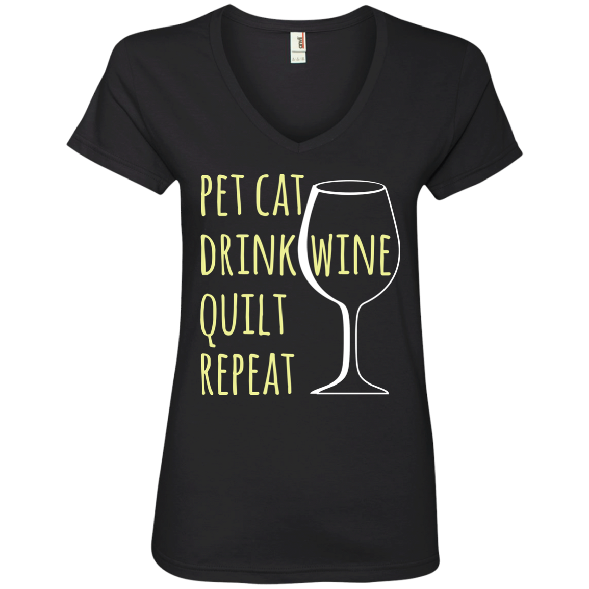 Pet Cat-Drink Wine-Quilt Ladies V-Neck T-Shirt