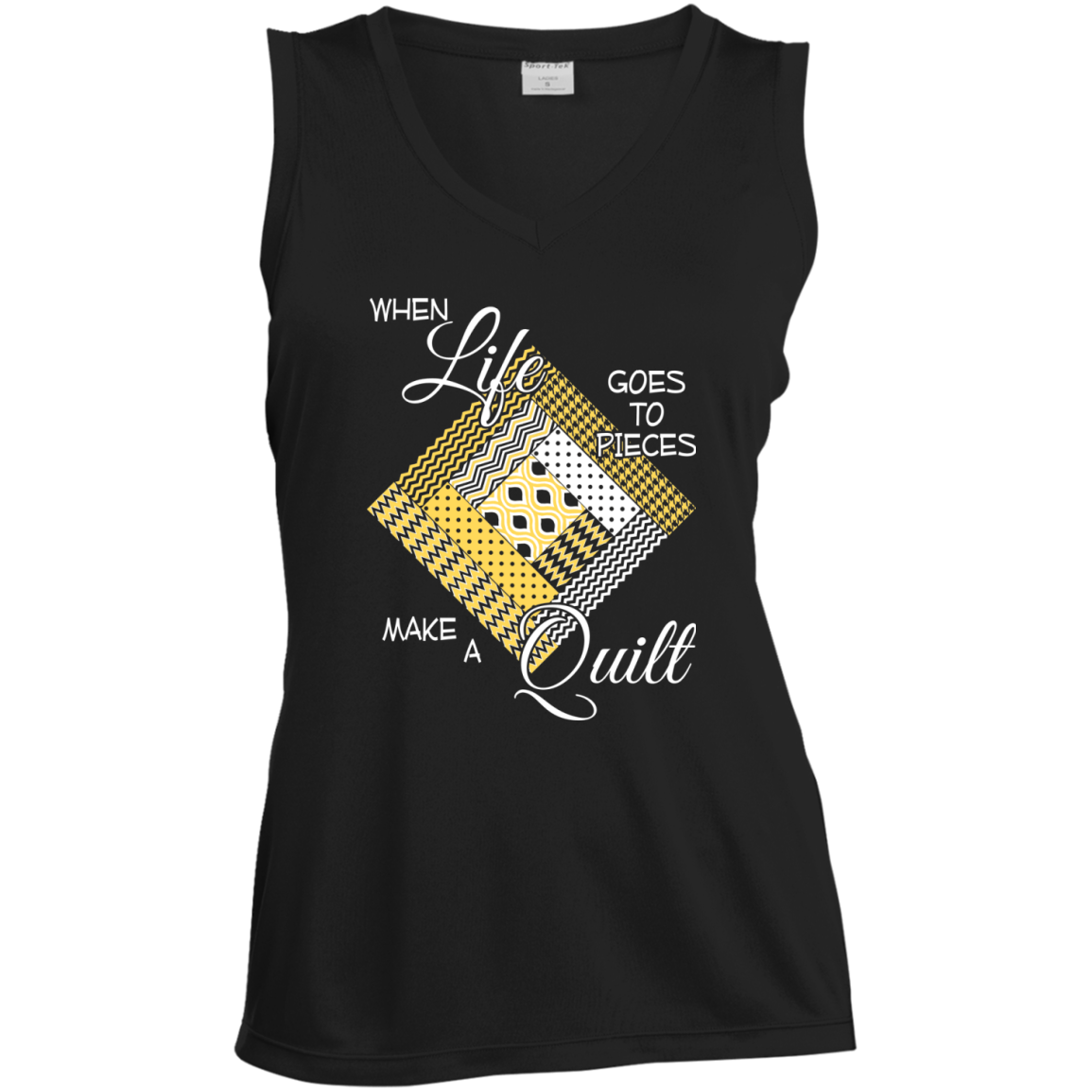 Make a Quilt (yellow) Ladies Sleeveless V-Neck - Crafter4Life - 2