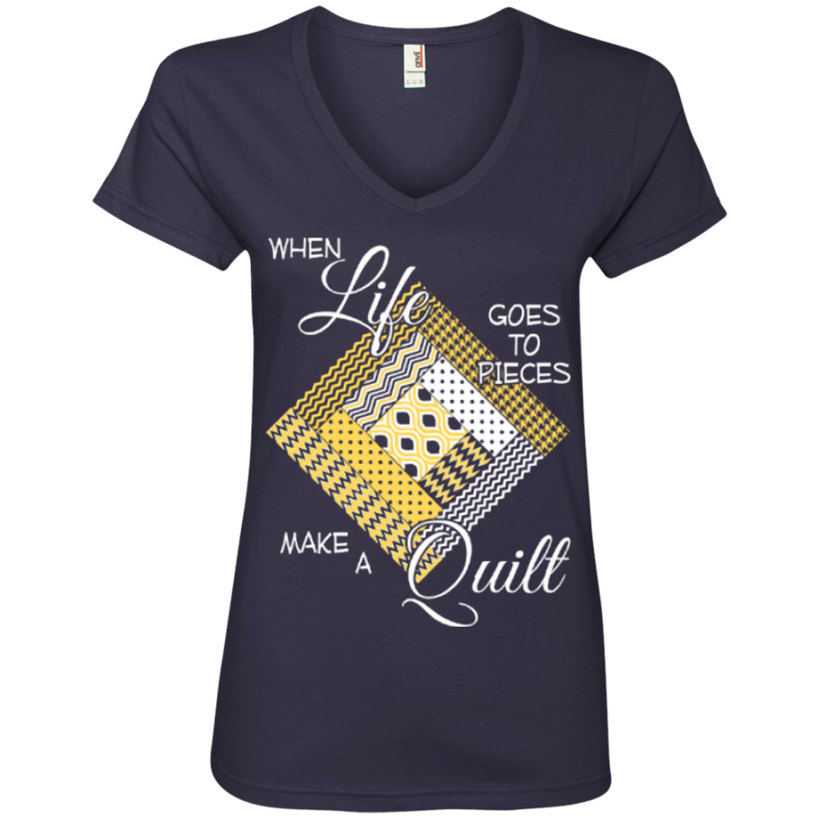 Make a Quilt (yellow) Ladies V-Neck Tee - Crafter4Life - 1