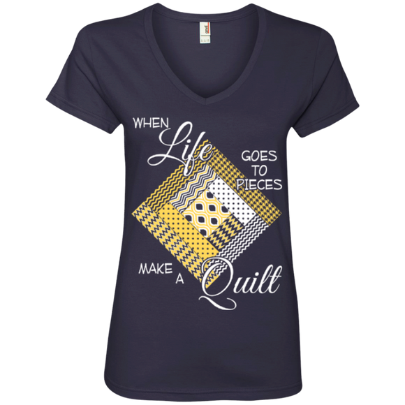 Make a Quilt (yellow) Ladies V-Neck Tee - Crafter4Life - 1