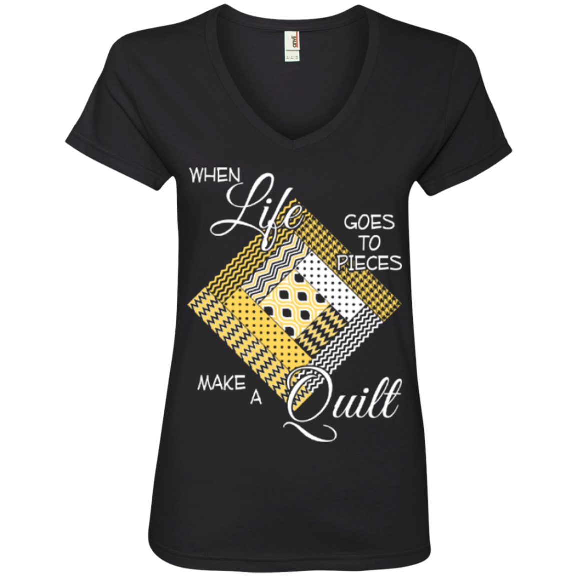 Make a Quilt (yellow) Ladies V-Neck Tee - Crafter4Life - 2