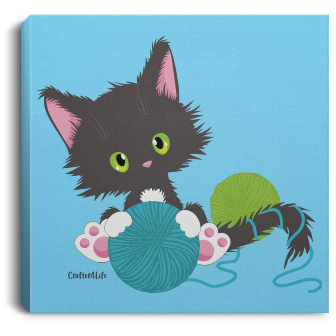 Grey Tuxedo Kitty Holding Ball of Yarn CANSQ75 Square Canvas .75in Frame