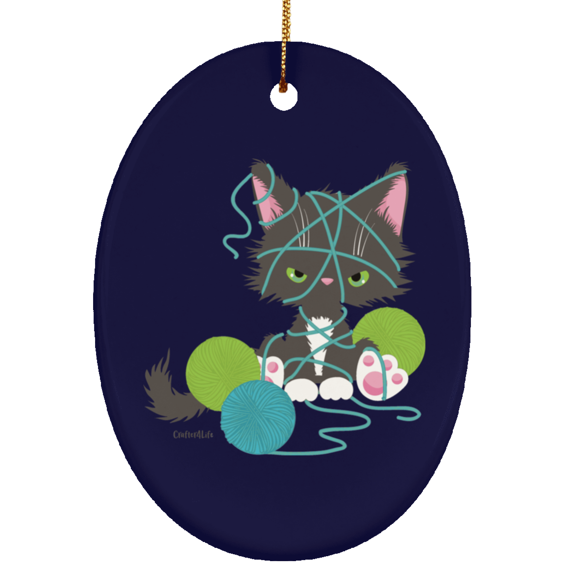 Grey Tuxedo Kitty with Yarn Ornaments