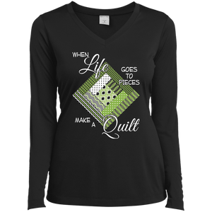 Make a Quilt (Greenery) Ladies LS Performance V-Neck T-Shirt