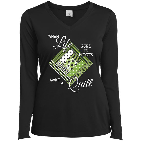 Make a Quilt (Greenery) Ladies LS Performance V-Neck T-Shirt