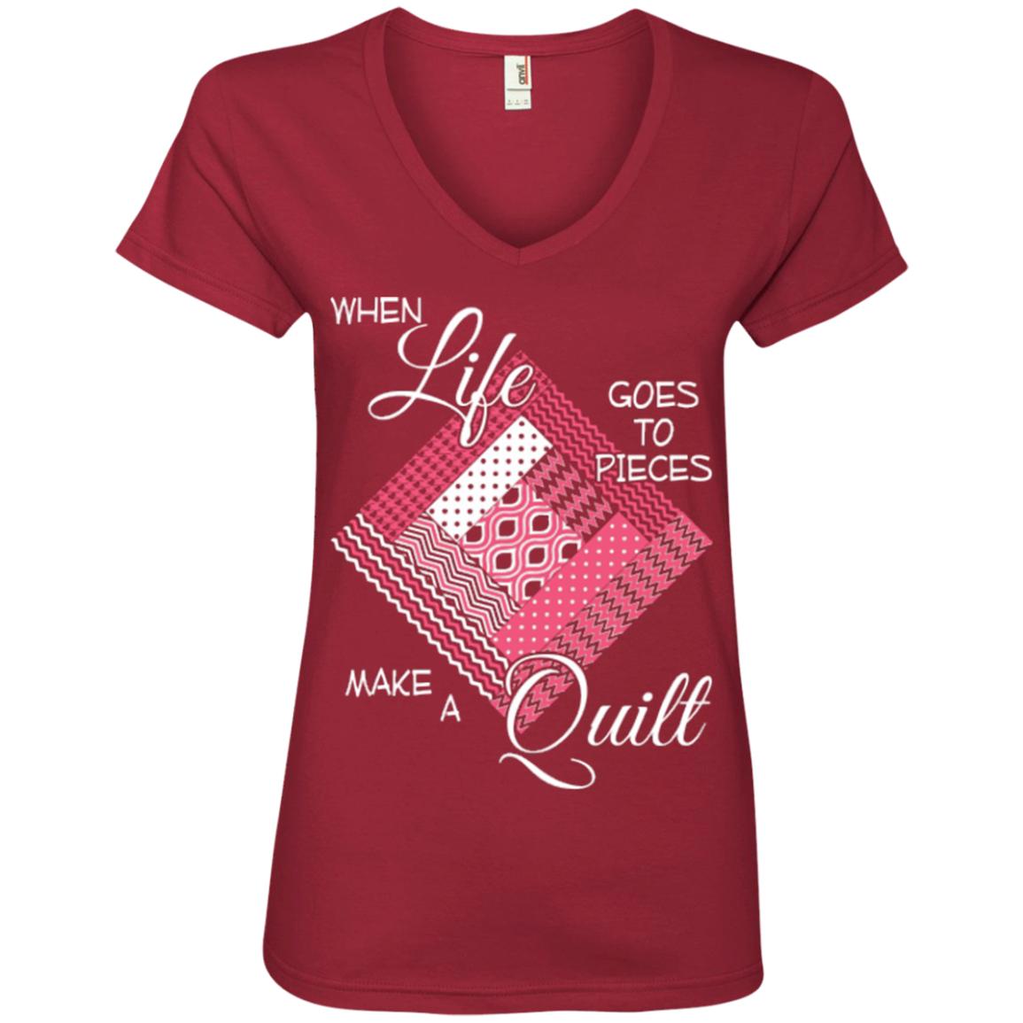 Make a Quilt (pink) Ladies V-Neck Tee - Crafter4Life - 1