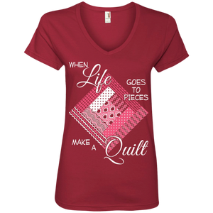 Make a Quilt (pink) Ladies V-Neck Tee - Crafter4Life - 1