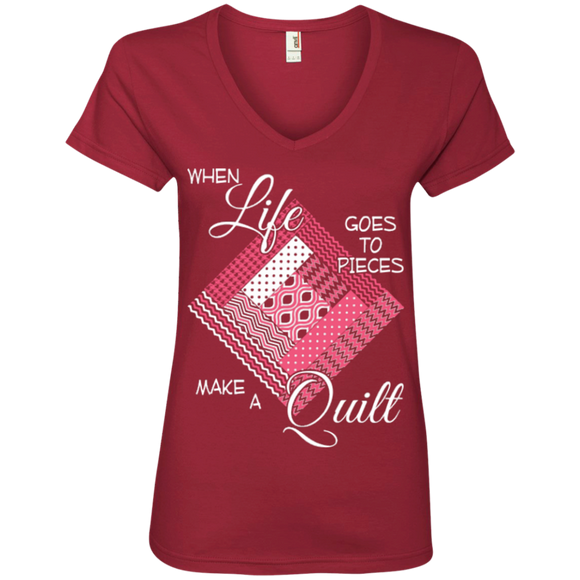 Make a Quilt (pink) Ladies V-Neck Tee - Crafter4Life - 1