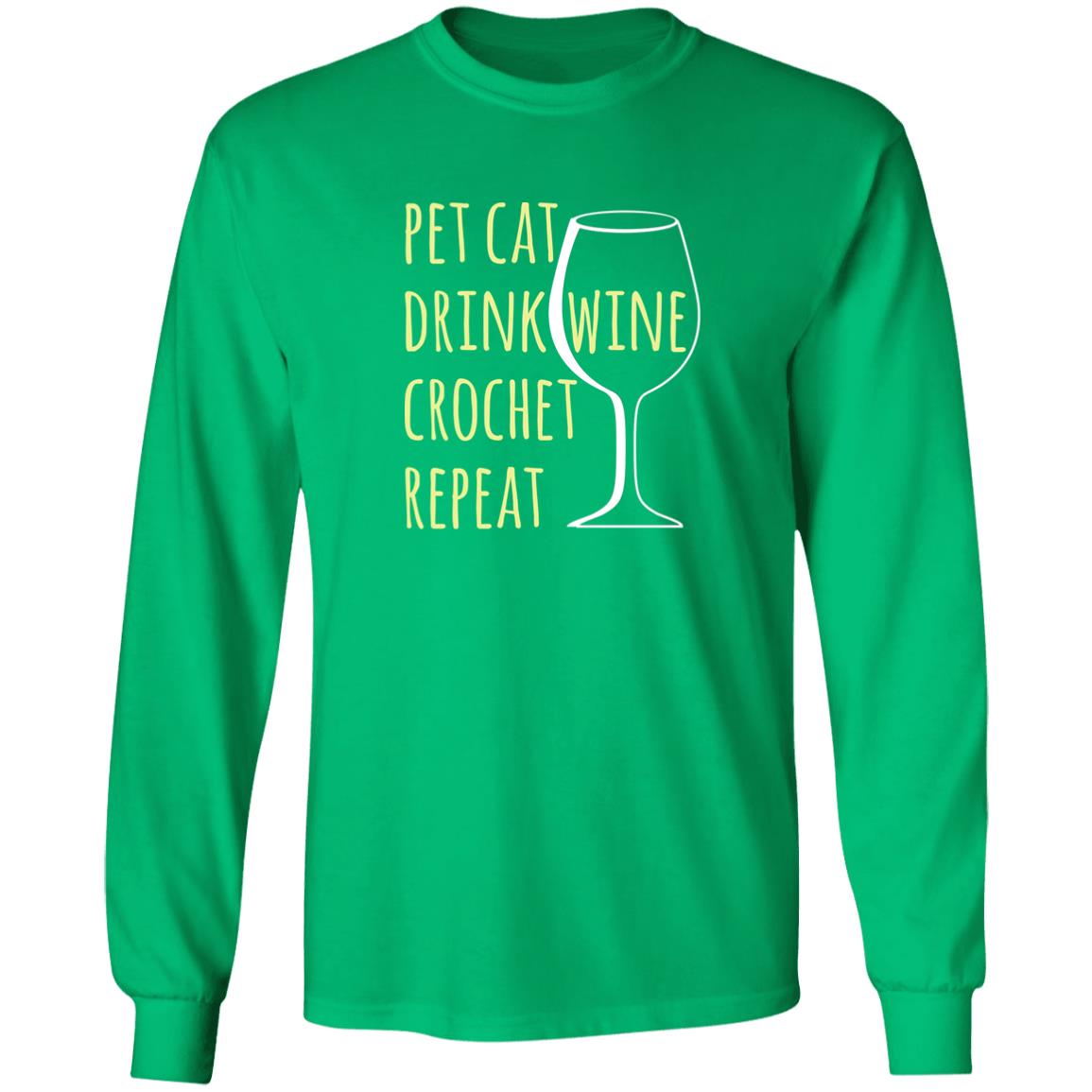 Pet Cat-Drink Wine-Crochet Long Sleeve T-Shirt