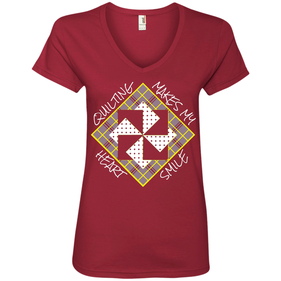 Quilting Makes My Heart Smile Ladies V-Neck Tee