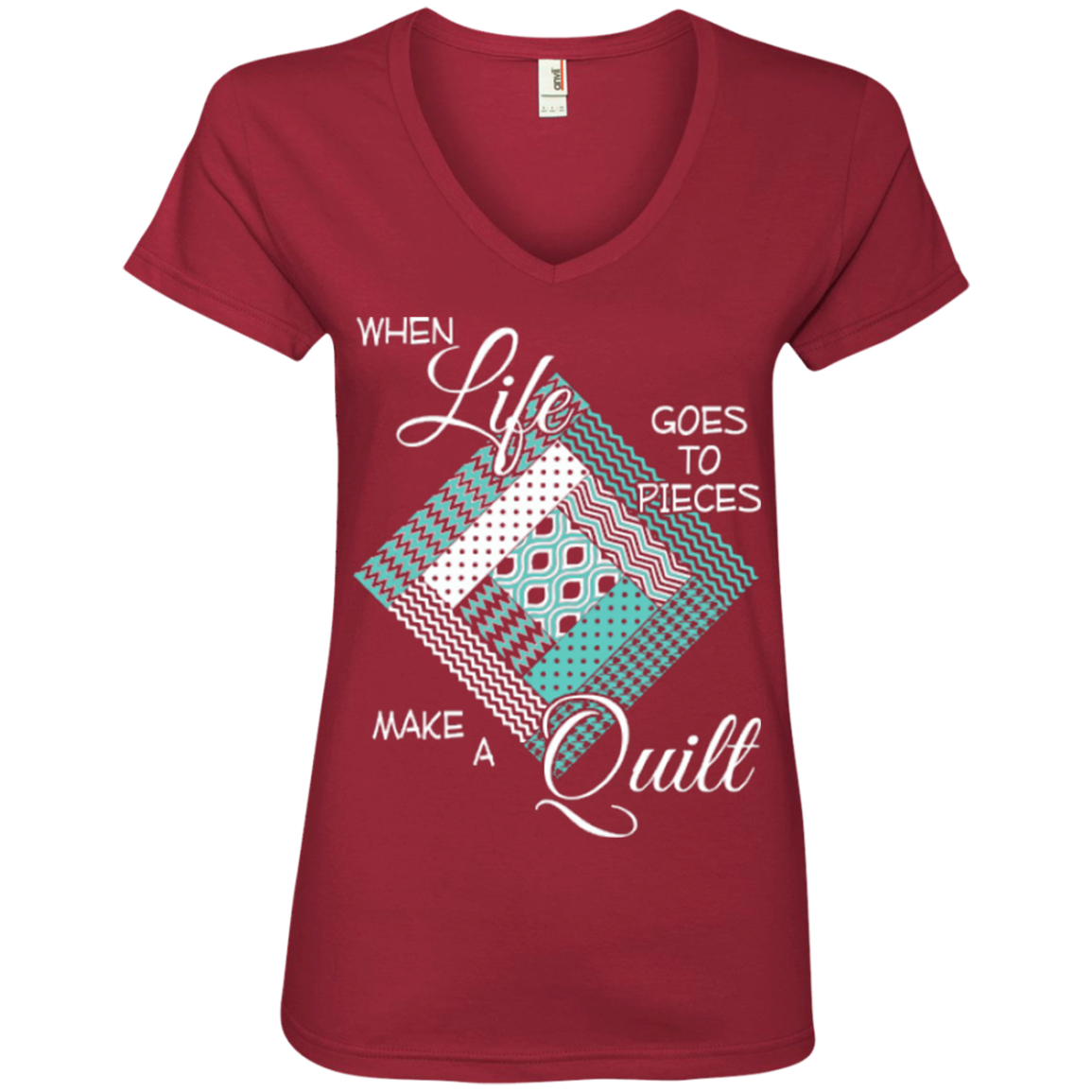 Make a Quilt (turquoise) Ladies V-Neck Tee - Crafter4Life - 3