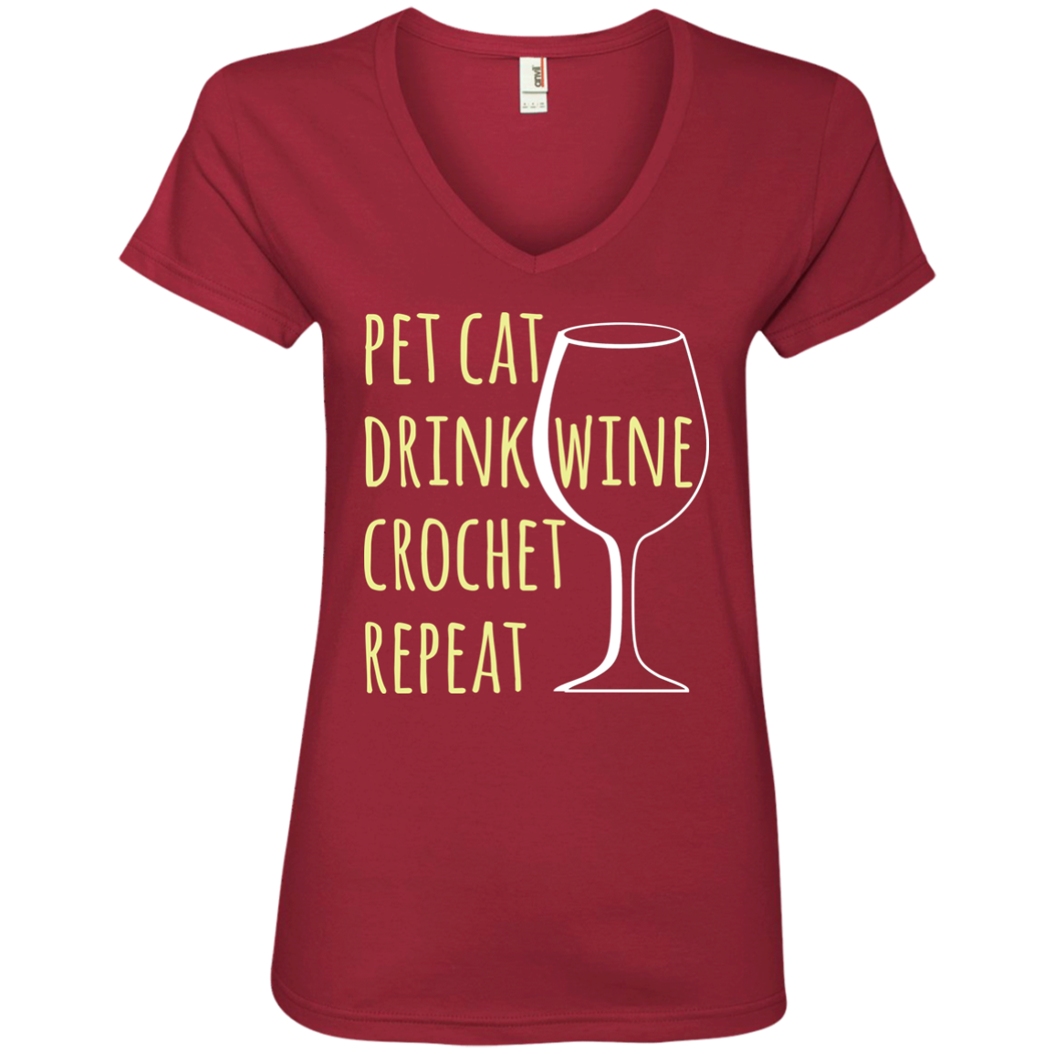 Pet Cat-Drink Wine-Crochet Ladies V-Neck T-Shirt