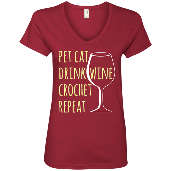 Pet Cat-Drink Wine-Crochet Ladies V-Neck T-Shirt