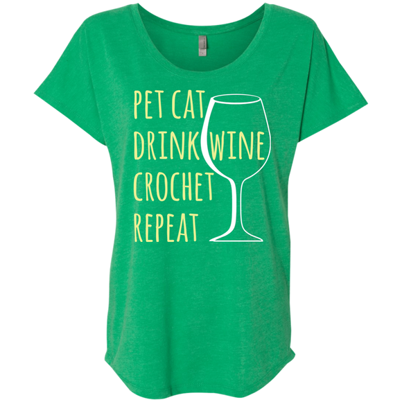 Pet Cat-Drink Wine-Crochet Ladies Triblend Dolman Sleeve