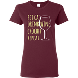 Pet Cat-Drink Wine-Crochet Ladies T-Shirt