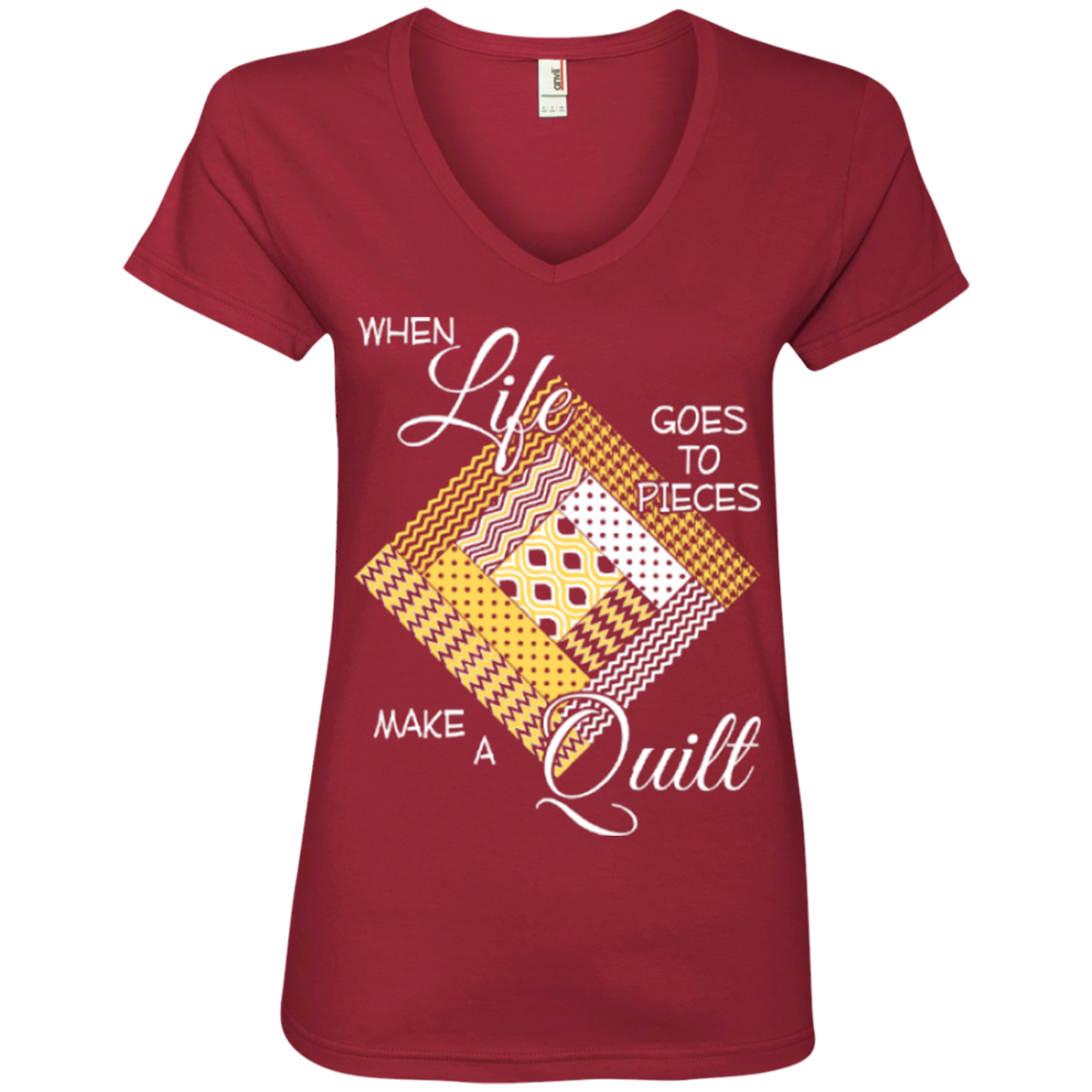 Make a Quilt (yellow) Ladies V-Neck Tee - Crafter4Life - 4
