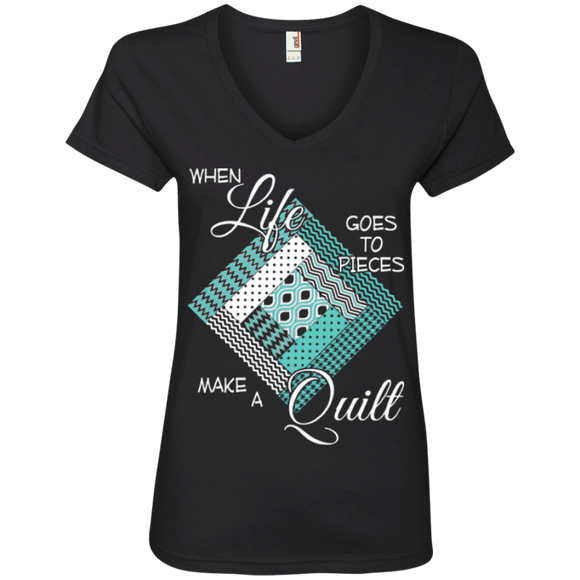 Make a Quilt (turquoise) Ladies V-Neck Tee - Crafter4Life - 1