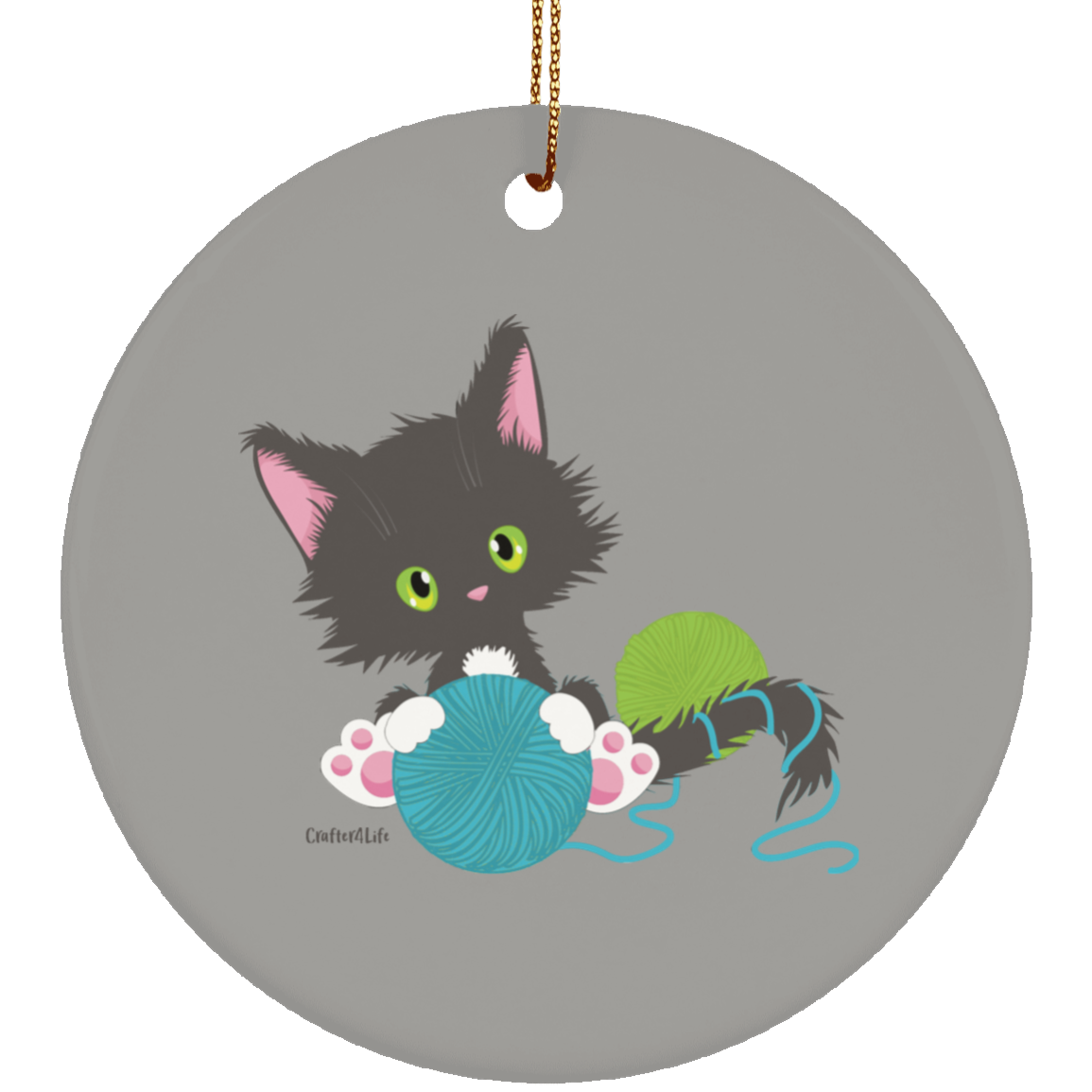 Grey Tuxedo Kitty Holding Ball of Yarn Ornaments