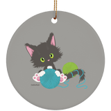 Grey Tuxedo Kitty Holding Ball of Yarn Ornaments