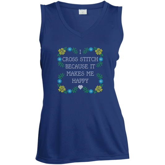 I Cross Stitch Because It Makes Me Happy Ladies Sleeveless V-neck - Crafter4Life - 1