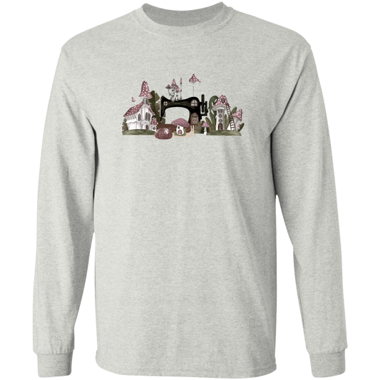 Cottagecore Sewing Mushroom Village Long Sleeve T-Shirt - Cute Gift for Sewing Friends