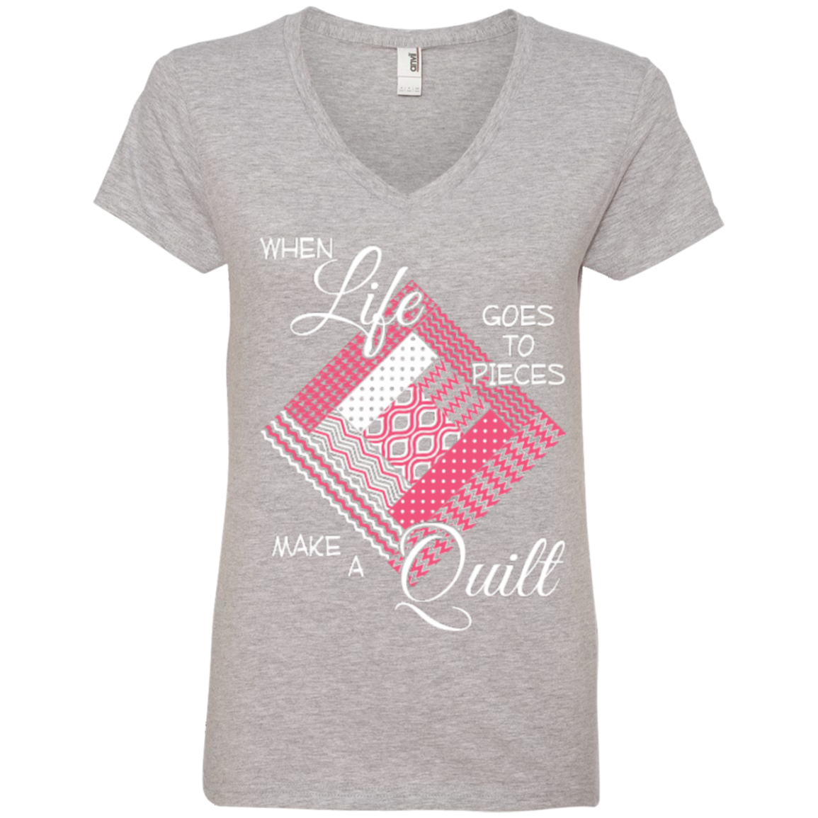 Make a Quilt (pink) Ladies V-Neck Tee - Crafter4Life - 2