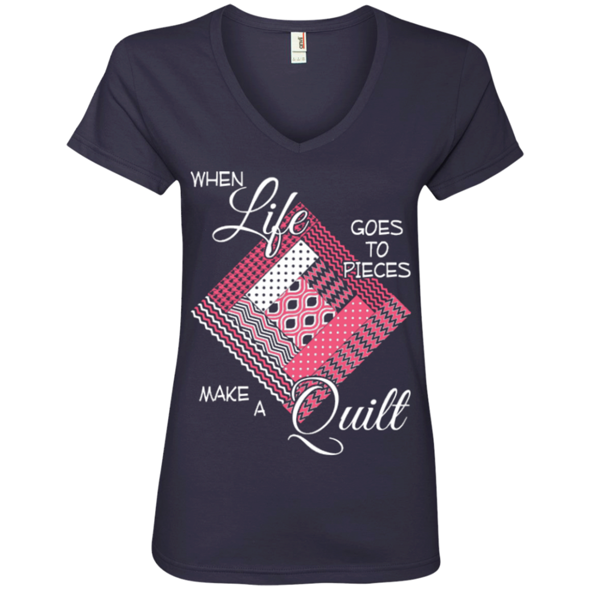 Make a Quilt (pink) Ladies V-Neck Tee - Crafter4Life - 4