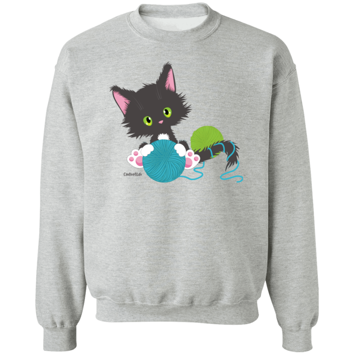 Grey Tuxedo Kitty Holding Ball of Yarn Crewneck Pullover Sweatshirt