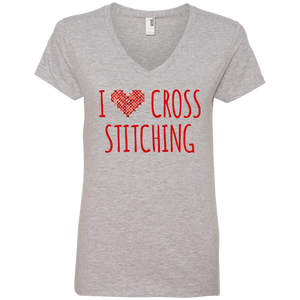 I Heart Cross Stitching Ladies V-Neck T-Shirt