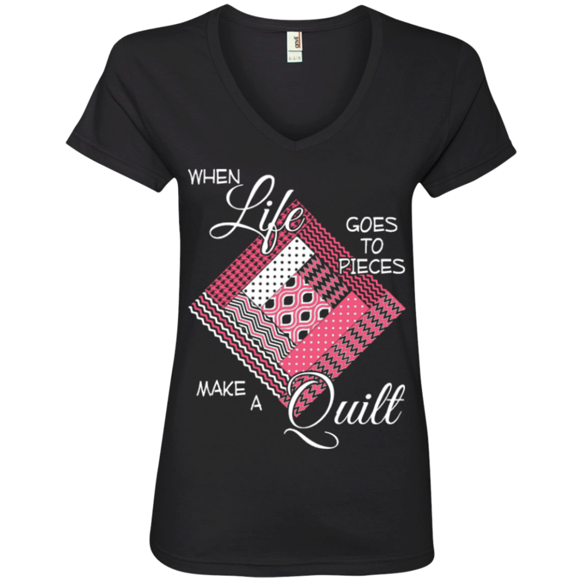 Make a Quilt (pink) Ladies V-Neck Tee - Crafter4Life - 3